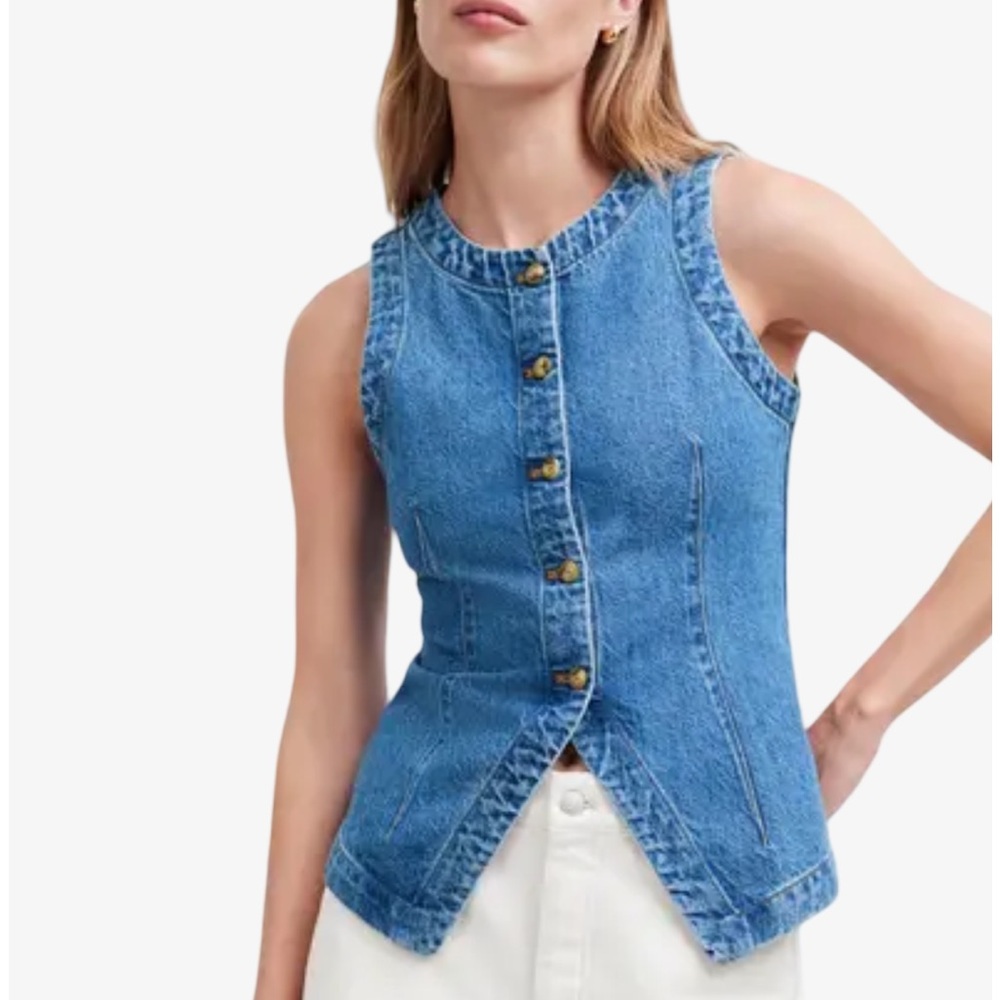 New Madewell Harlow Blue Denim Button-Up Crewneck Sleeveless Vest Size 12